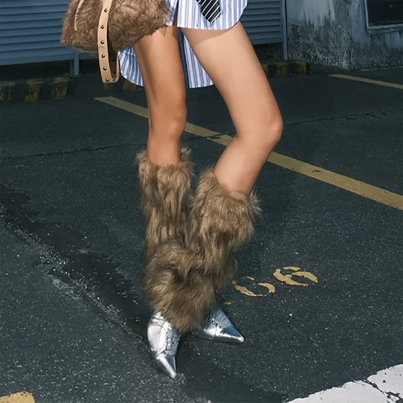 Women's Faux Fur Leg Warmers 12.2 Inch, Plush Boot Covers with Realistic Wolf Hair Design, Warm Winter Fashion Accessories for Christmas Parties and Holiday Outfits in Brown
