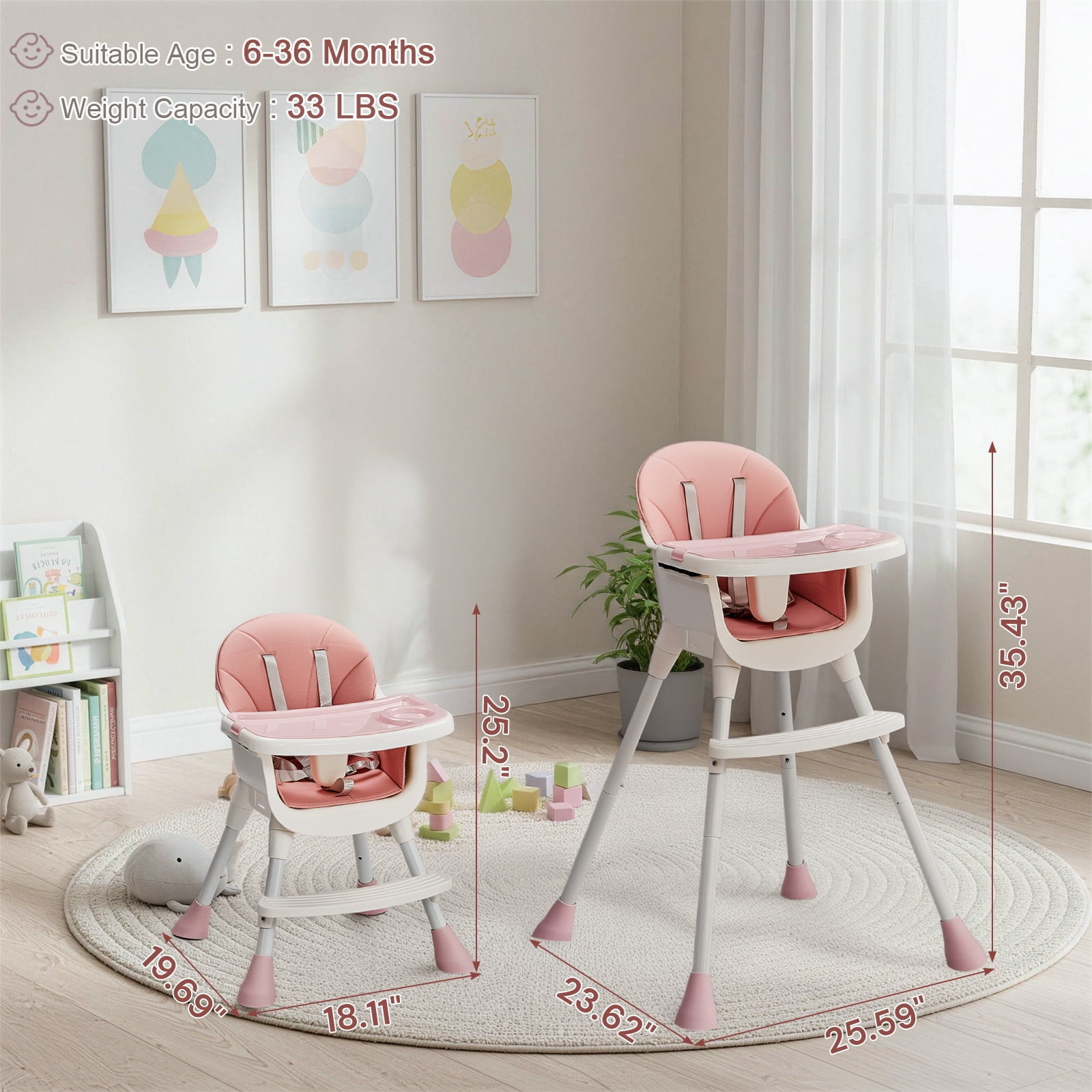 Ktaxon Baby High Chair, Convertible 3 in 1 High Chairs for Babies and Toddlers, Baby Highchair with 5-Point Safety Harness, Adjustable Height & Dining Tray, Pink