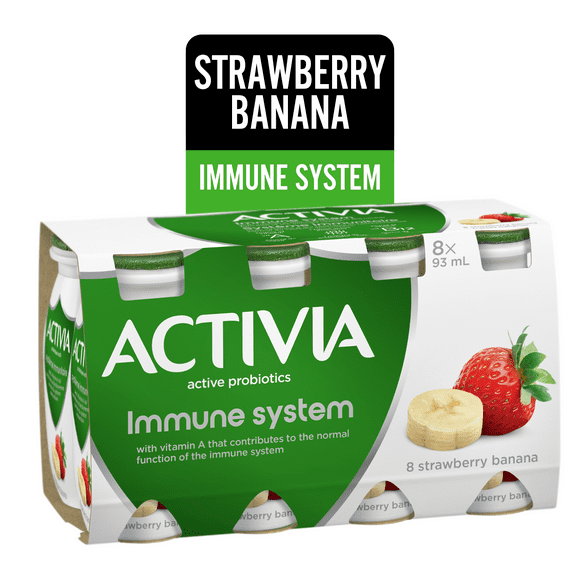 Activia Probiotic Yogurt Drink, Strawberry-Banana, Immune System, 8x93ml