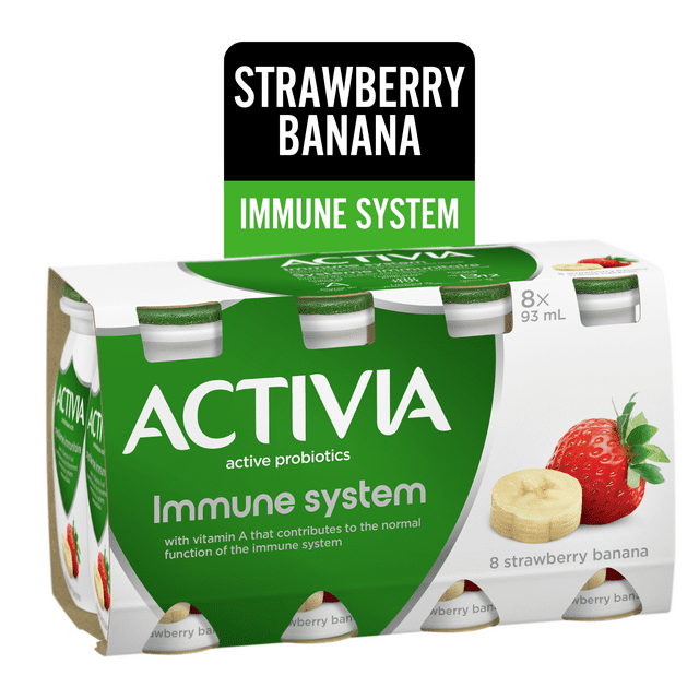 Activia Boisson de Yogourt Probiotique, Fraise-Banane, Système Immunitaire, 8x93ml