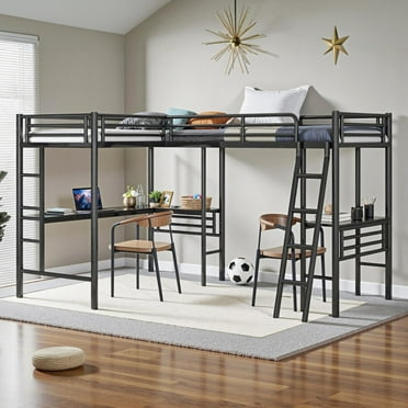 Triple Tree Metal Frame Desks Twin L-Shape Loft Bed and Storage Shelves Black
