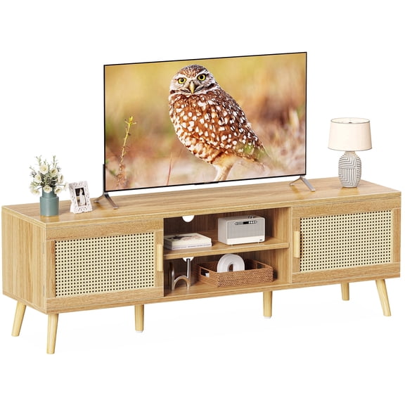 Amadwell Rattan TV Stand for 60" TVs, Adjustable Shelf, Natural Living Room Entertainment Center