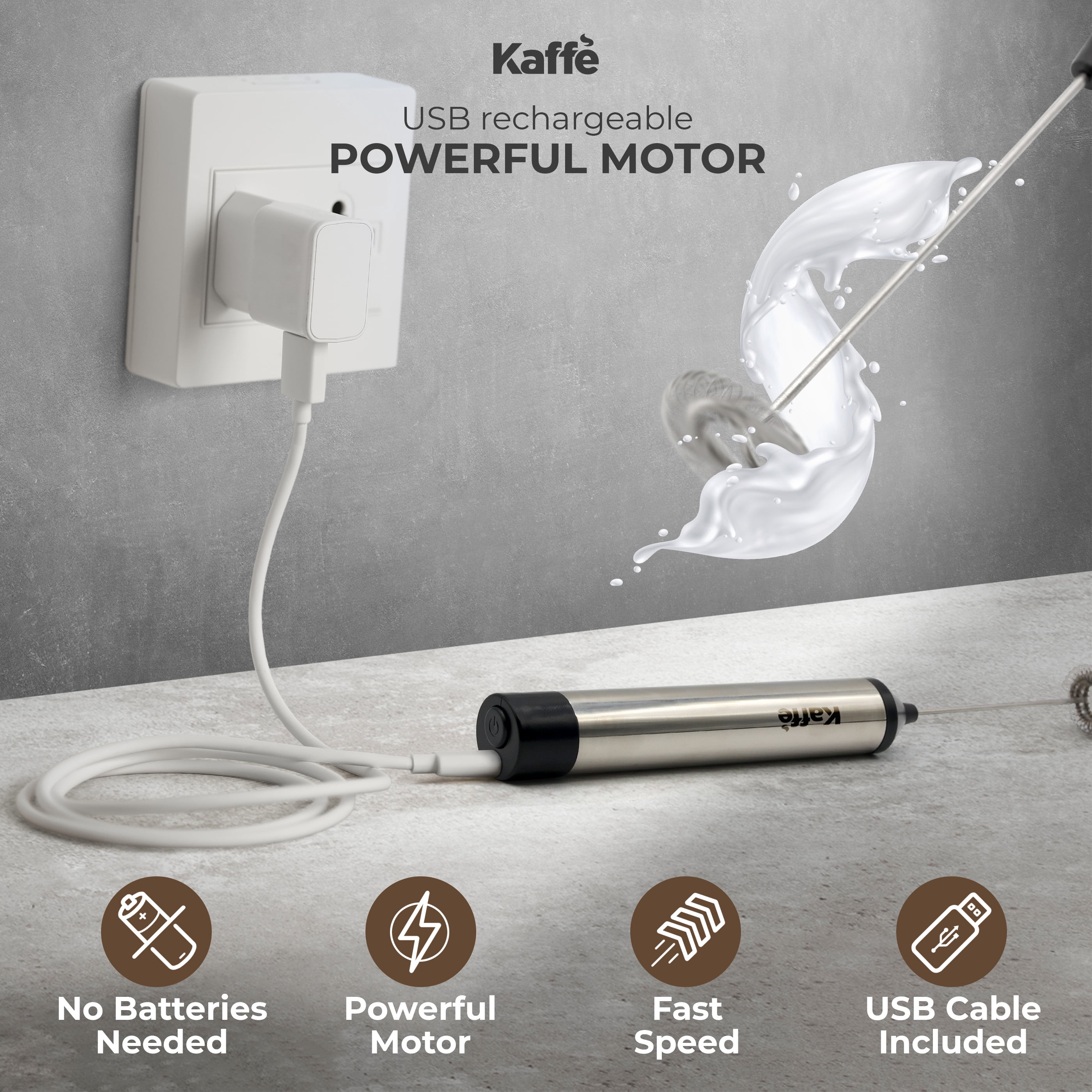 Kaffe Handheld Milk Frother Whisk with Stand Cordless Electric Hand Mixer, Silver