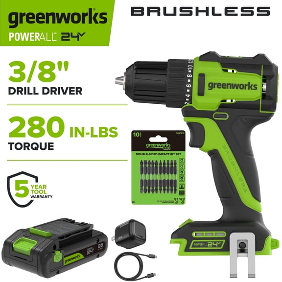 Greenworks PowerAll 24V Brushless 3/8" 280 in-lb Drill, with 2Ah USB-C Battery, DD330A7
