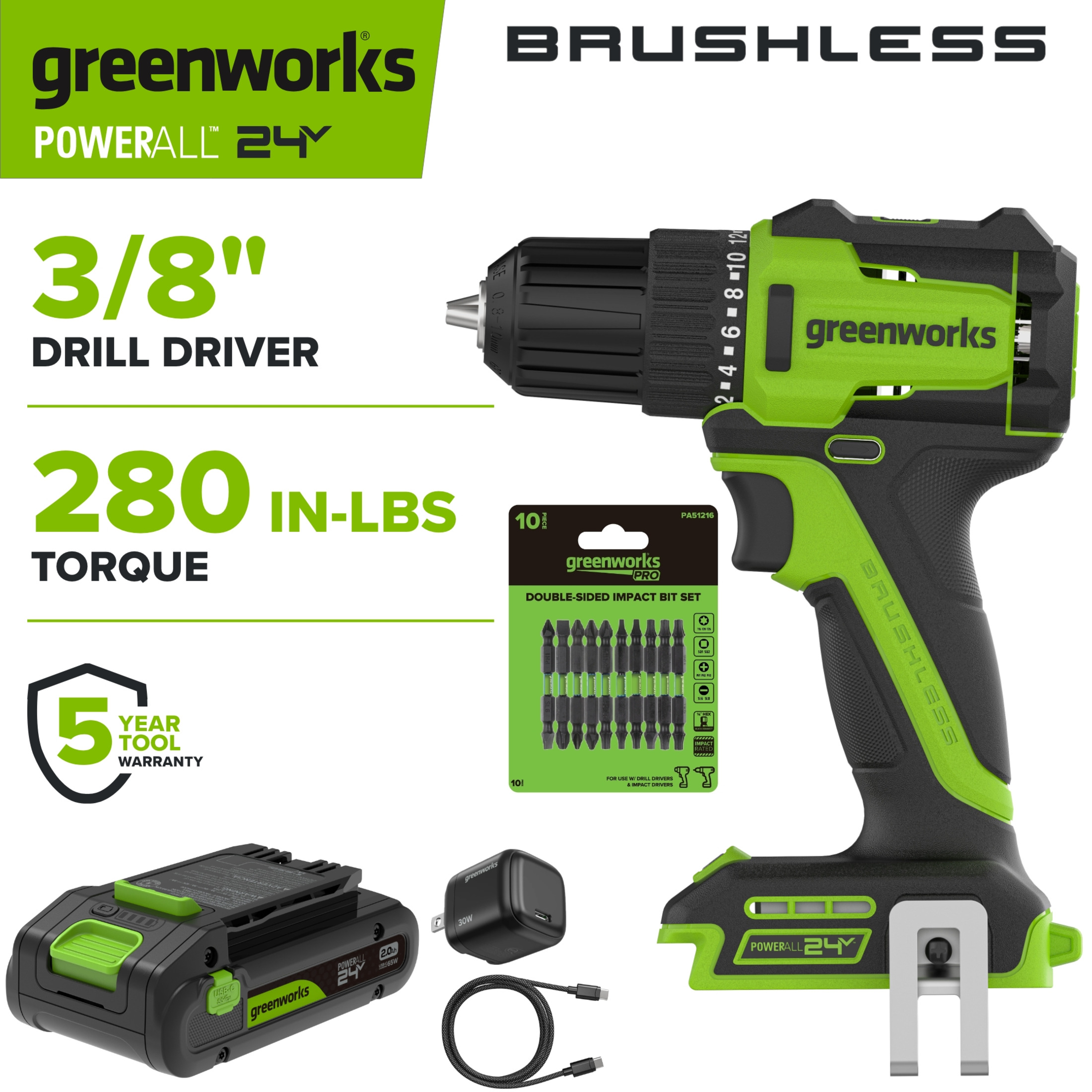 Greenworks PowerAll 24V Brushless 3/8" 280 in-lb Drill, with 2Ah USB-C Battery, DD330A7