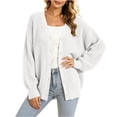 thumbnail image 3 of Otvok Ladies Casual Knit Outerwear, Winter Open Knit V Neck Button Front Long Lantern Sleeve Loose Cardigan Sweater, 3 of 7