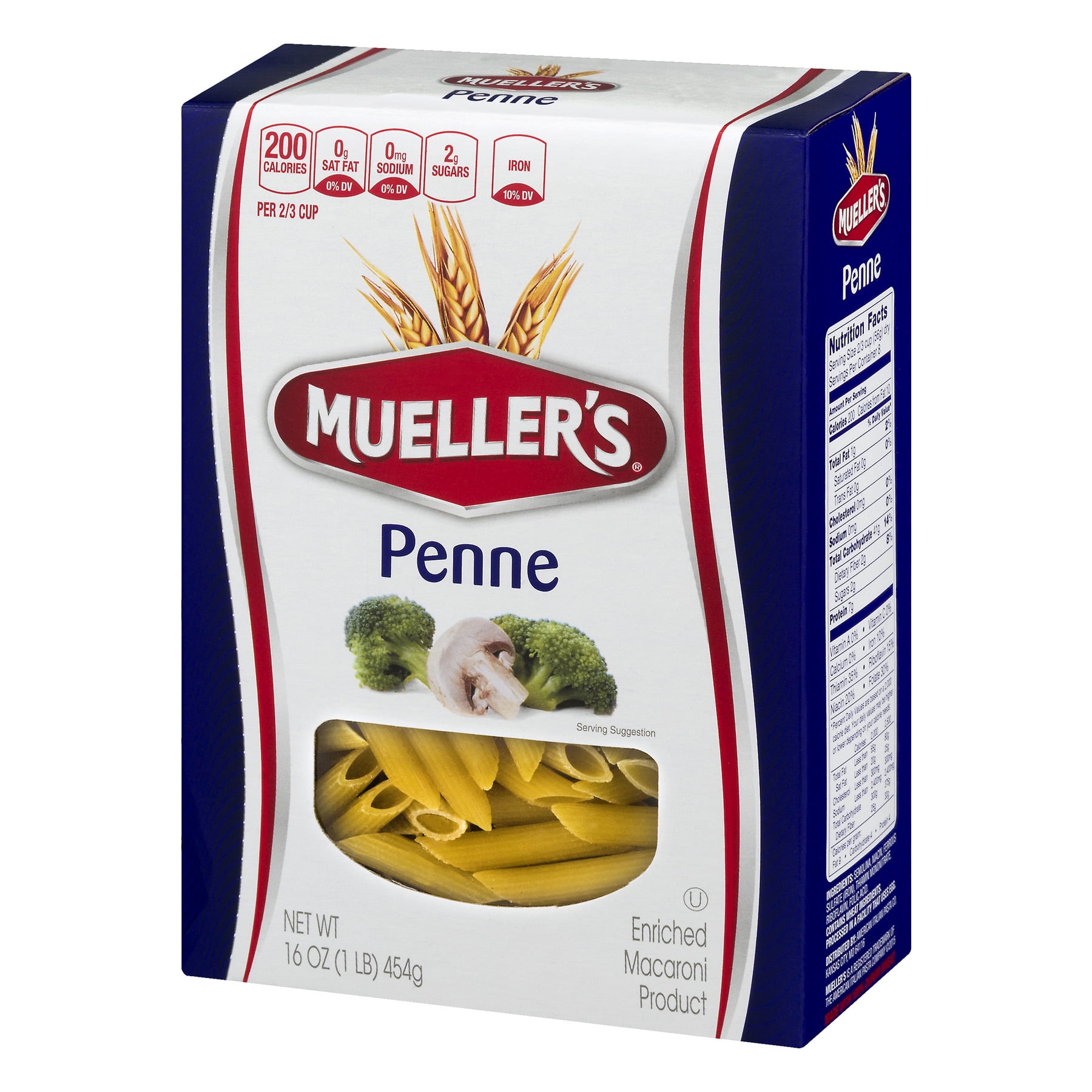 (2 pack) Mueller's Sodium-Free, Cholesterol-Free Penne Rigate Pasta, 16 oz (Shelf-Stable)
