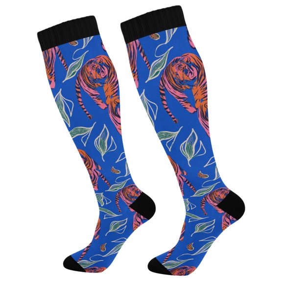 Unisex Knee High Socks, Blue Printed Socks, Long Running Socks for Men & Women (1 Pair)
