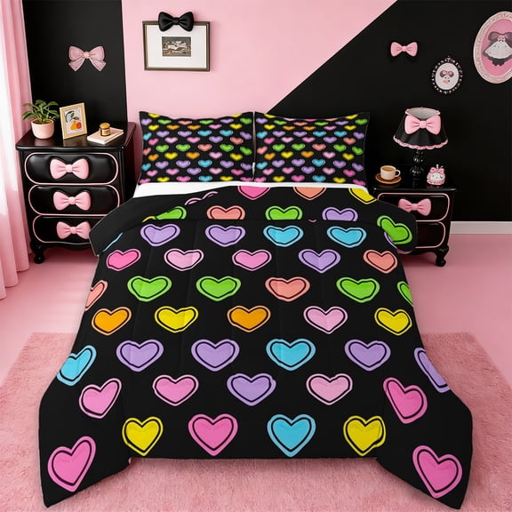 Manfei Rainbow Heart Pattern Bedding Comforter Set,Cute Cartoon Print Twin Comforter Sets,Pink Purple Black Bedding Set For Girls Teens,Microfiber Bedroom Decor Reversible,2 Pieces