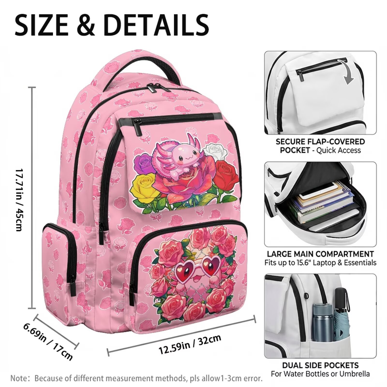 Mochilas Axolotl con flores de rosa para niñas, casuales y portátiles, bolsos escolares de 17 pulgadas, mochilas de hombro con cierre y transpirables para estudiantes 5