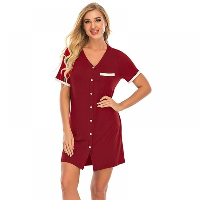 Chemise de Nuit pour Femmes Été à Manches Courtes en Coton Robe à Boutons à Simple Boutonnage avec Poche