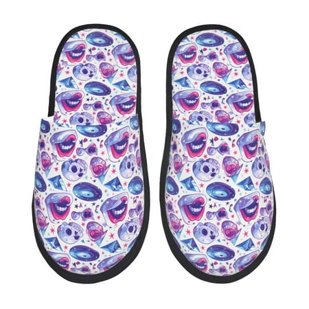 

Honeii crystal Skull record lips print Slippers Memory Foam House Bedroom Slippers for Women and Men Fuzzy Plush Comfy Faux Fur Lined Slide Shoes-Large