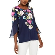 JM Collection Women's Floral Print Bell Sleeve Tunic Navy Size Petite Small