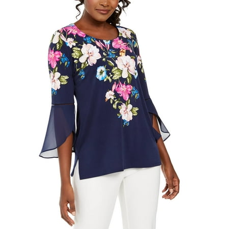 JM Collection Women's Floral Print Bell Sleeve Tunic Navy Size Petite Small