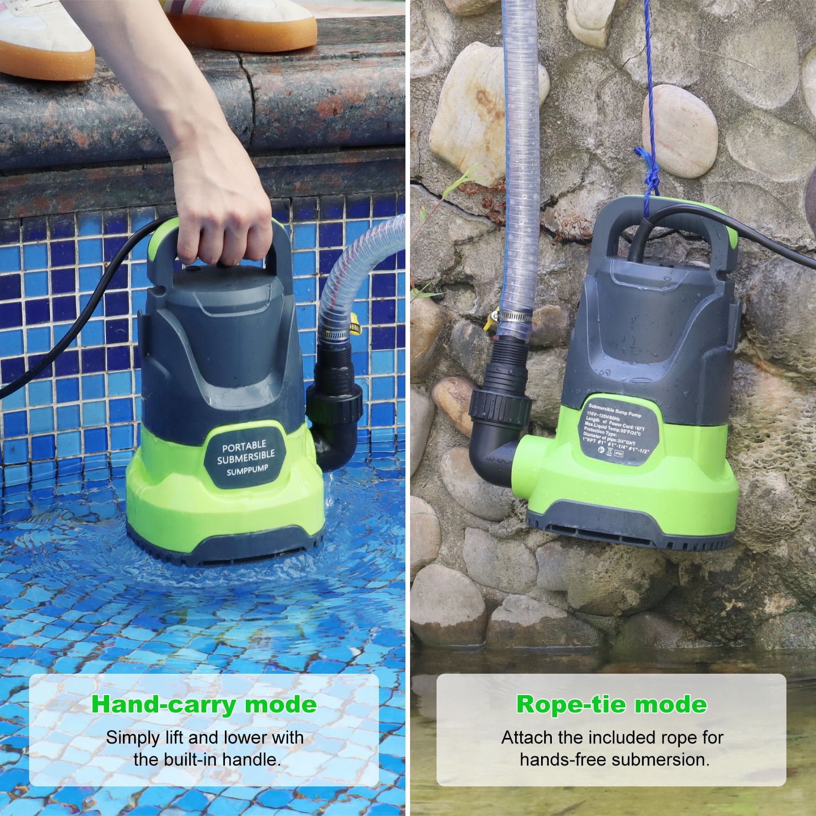 Sump Pump 1.1HP Submersible Water Pump 4700GPH Electric Portable Transfer Water Pump for Pool Draining Basement Green