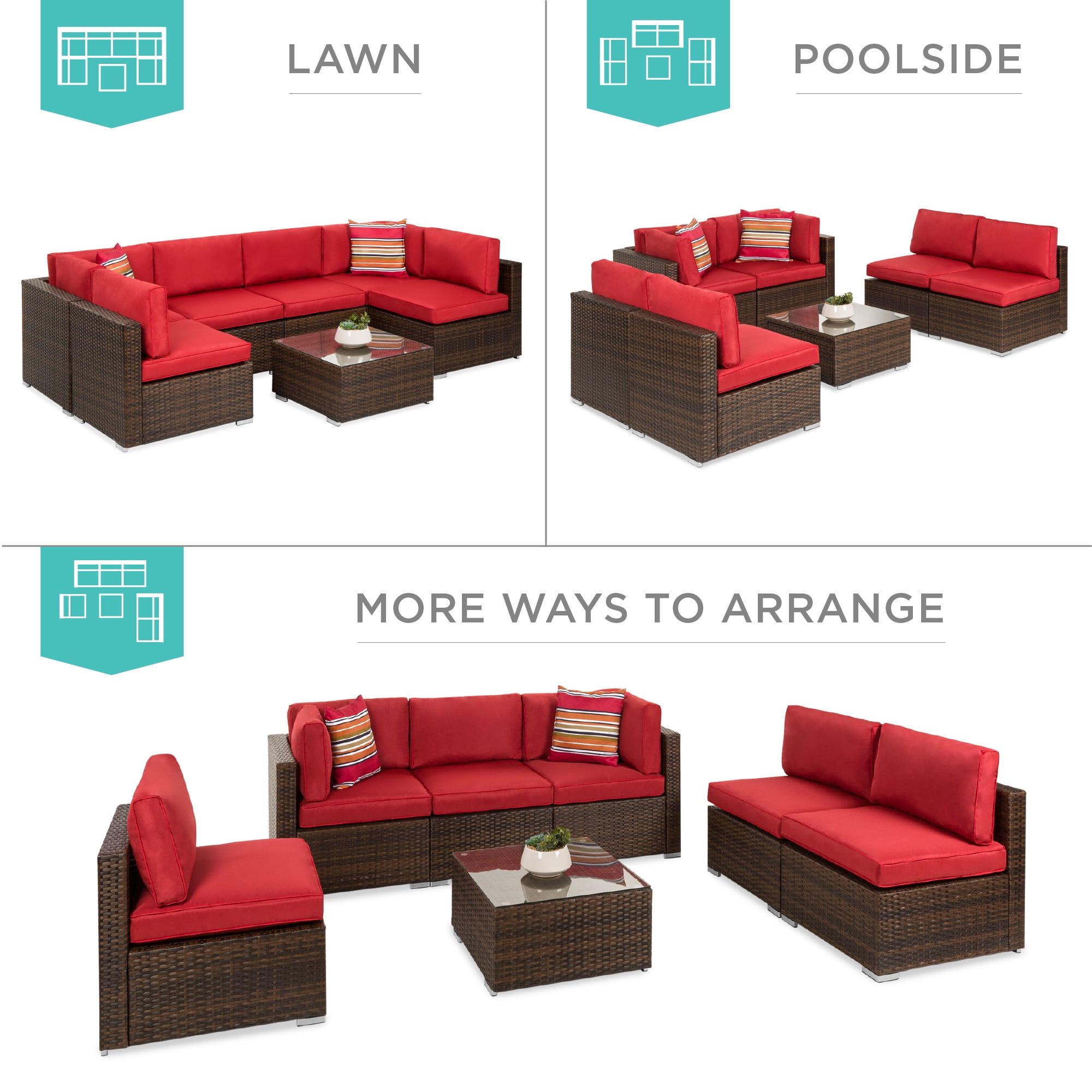 Best Choice Products 7-Piece Outdoor Modular Patio Conversation Furniture, Wicker Sectional Set - Brown/Red