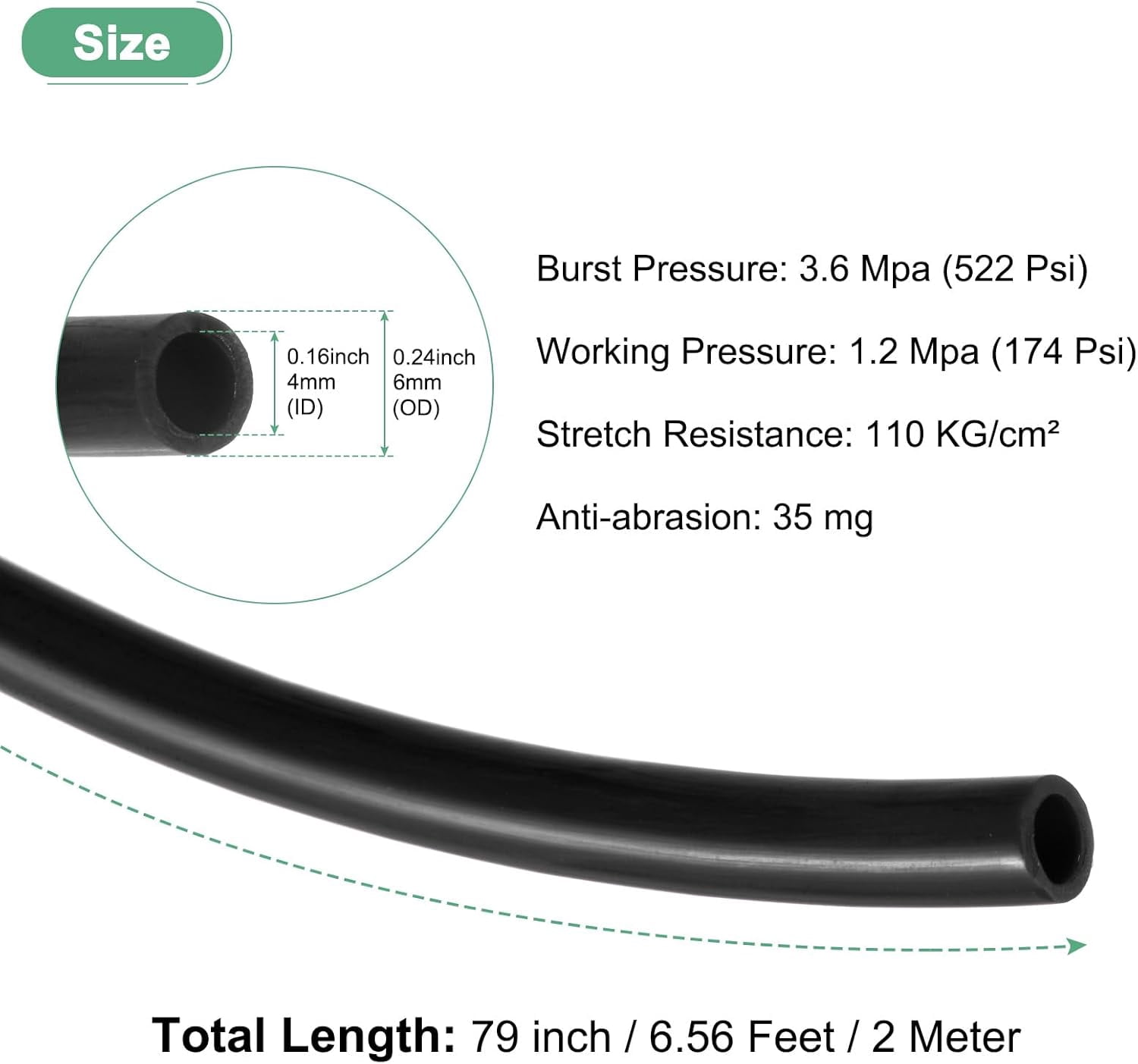 FRKSMD-Pneumatic Tubing Pipe, 4mm(ID) x6mm(OD) PU Polyurethane Air Compressor Hose for Air Compressor Fitting/Gas/Fluid Transfer, Air Hose Line Tube [2M/6.56ft, Black]