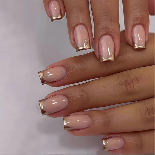 24 uñas postizas cortas cuadradas de acrílico rosa brillante con punta francesa dorada, reutilizables.