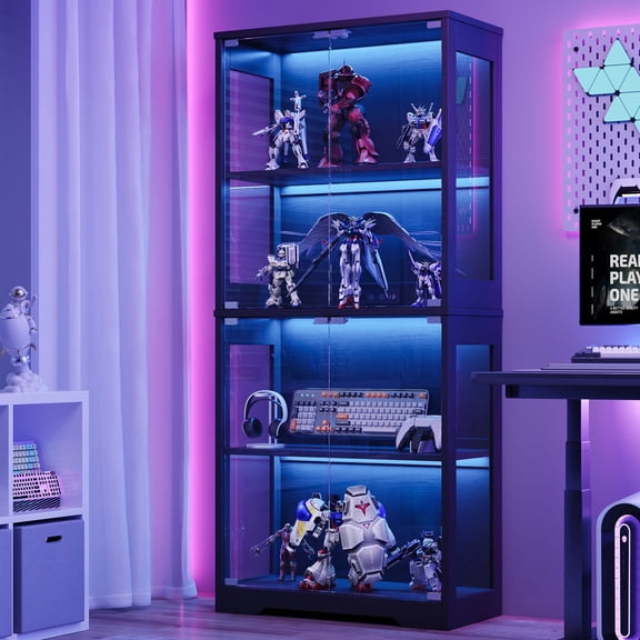 Black LED Display Cabinet with 4-Tier Tempered Glass Magnetic Doors, Tall Dustproof Curio Storage Shelf for Gundam Figures, Collectibles, Game Gear, Modern Display Rack for Gaming Room Bedroom