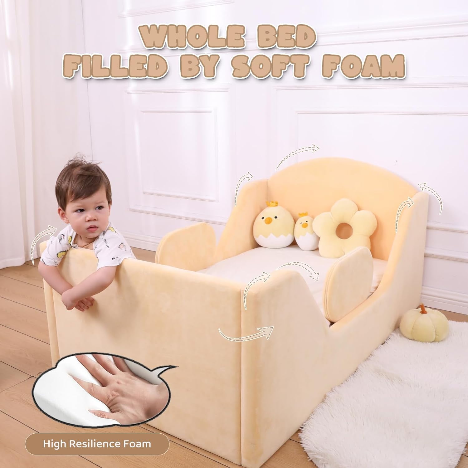 Weeonekids Toddler Bed Round, Toddler Bed with Rail and Round headboard, Standard Crib Size Toddler Upholstered Bed for Children 18 Months to 6 Years,Toddler Floor Bed (No Mattress)