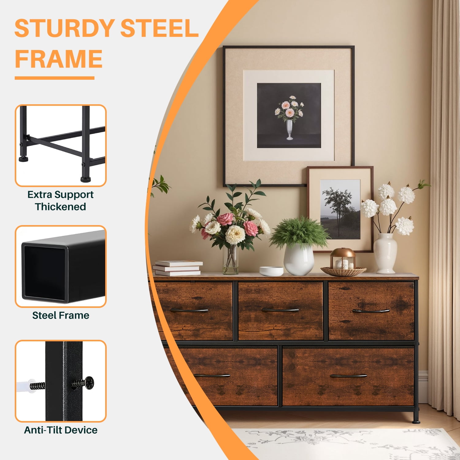 Simenmax 5 Dresser for Bedroom, 5 Storage Drawers, Wide Fabric Closet Chests Organizer Tower Furniture with Wooden Top Metal Frame for Clothes, Room, Living Room, Hallway, Entryway, Brown