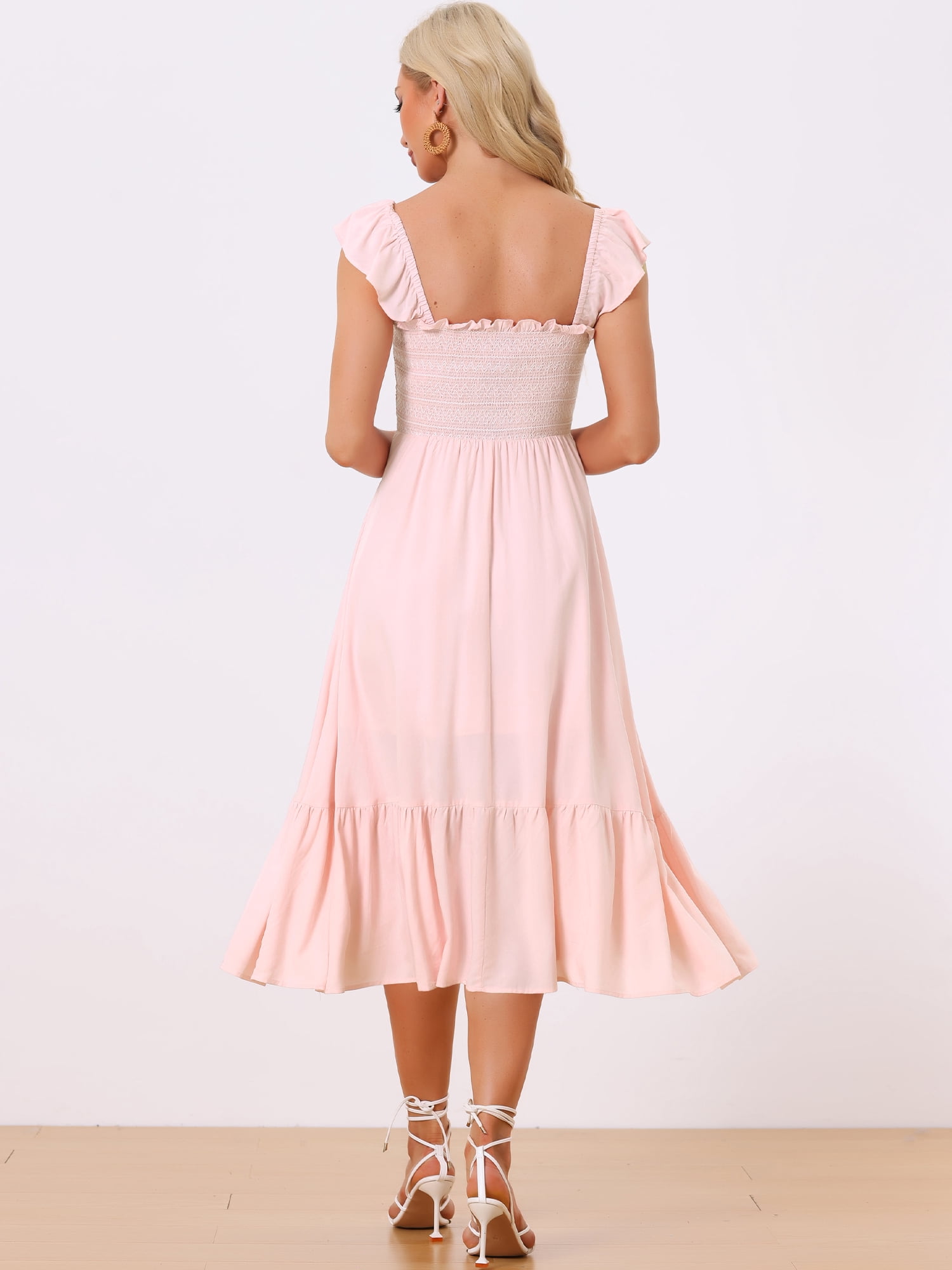 DARING DIVA Square Neck Boho Sleeveless Ruffle Tiered Smocked Sundress L Pink