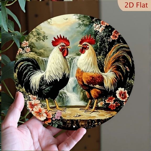 "Country Roosters" Farmhouse Floral Waterfall Wall Art Decor, 8" Round Aluminum Metal Signs, Wall Decor For Door, Office, Farm Decor, Best Gifts For Room, Home, Bathroom Decor, Easter Decor, 2D Flat