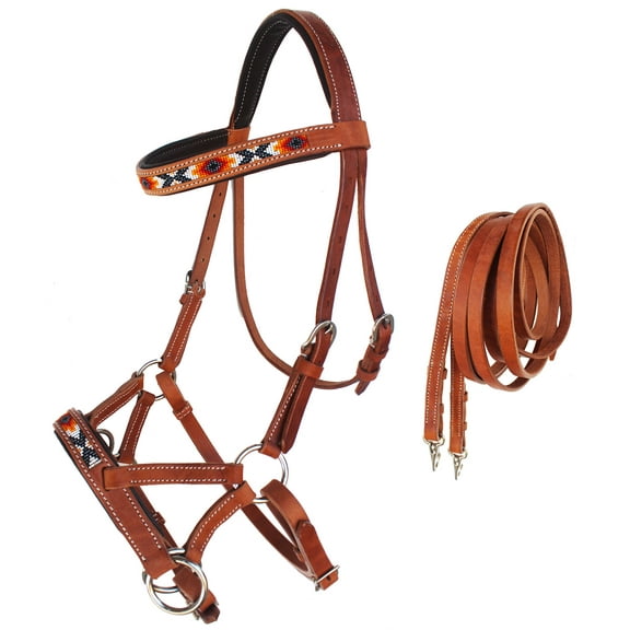 Horse Western Padded Leather Beaded Bitless Sidepull Bridle 77RT20TN-F