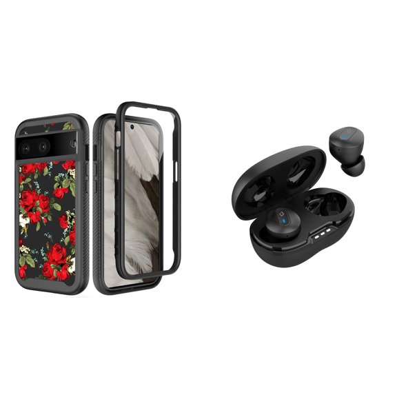 BD Hybrid Case for Google Pixel 7a Cover (Rose Noir Flowers) with Noise-Cancelling Wireless Earbuds with Charging Case