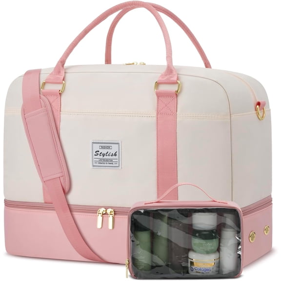 Weekender Travel Duffle Bag for Women: Overnight Bags with Shoe Compartment Carry Bags for Airplanes with Toiletry Bag Yoga Gym Bag with Wet Pocket Travel Duffel Tote Bag Bag Beige