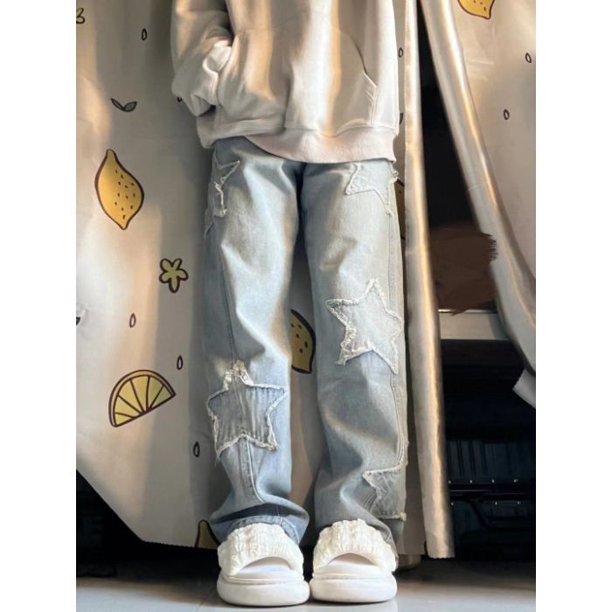 Pantalones vaqueros con bordado de estrellas para mujer, pantalón de pierna ancha hasta el tobillo, estilo Preppy, Y2k, rectos y sueltos