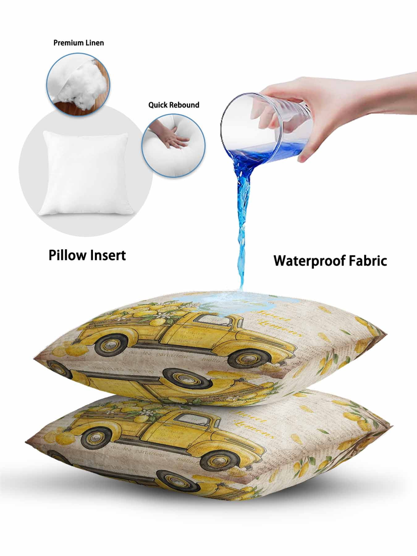 1 Pack Outdoor Pillows Waterproof, Lemon Truck Indoor/Outdoor Throw Pillows with Inserts, Summer Vintage Tropical Lemon Fruits Decorative Pillow for Patio Furniture Chairs Couch