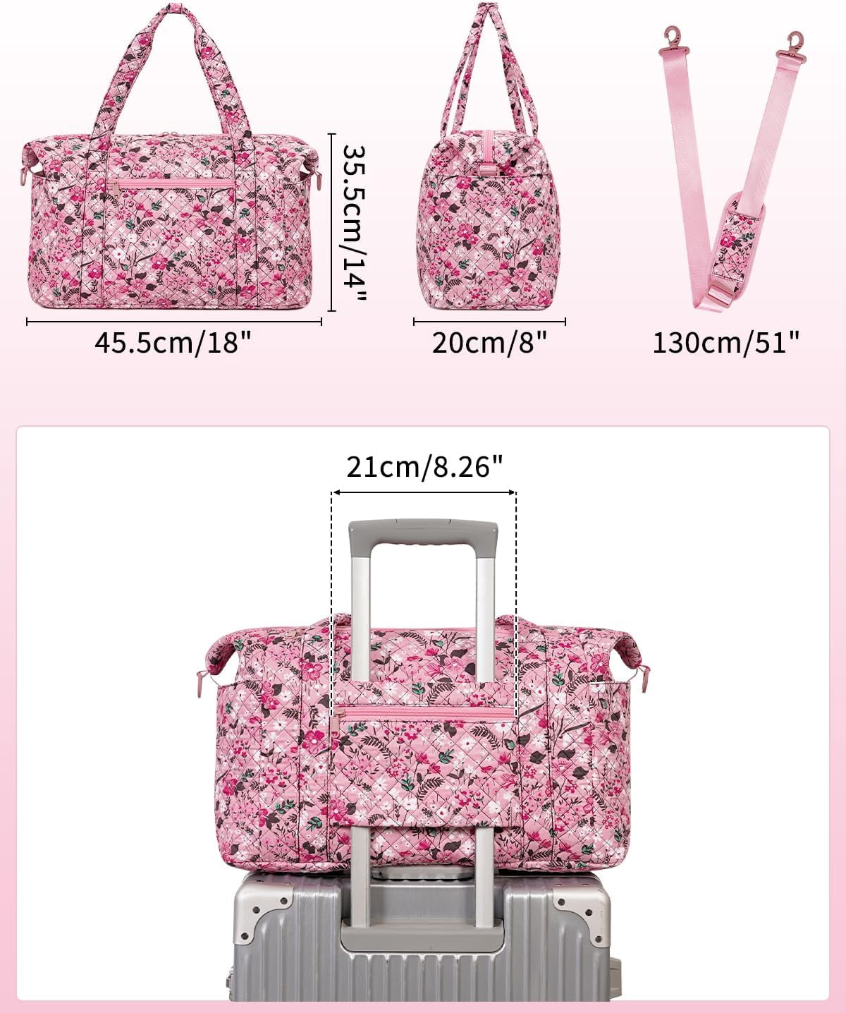WANDF Travel Duffel Bags with Shoe Bag,Airline Approved Personal Item Bag for Women with Wet Pocket,Trolley Sleeve,Quilted Overnight Weekender Bag for Camping Gym Beach(Pink,Flower)