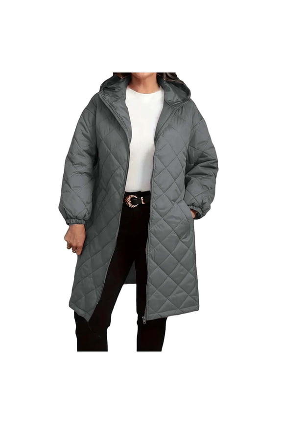 Women Long Quilted Coat Hooded Length Long Sleeve Puffer Jacket Padded Coat Winter Outerwear