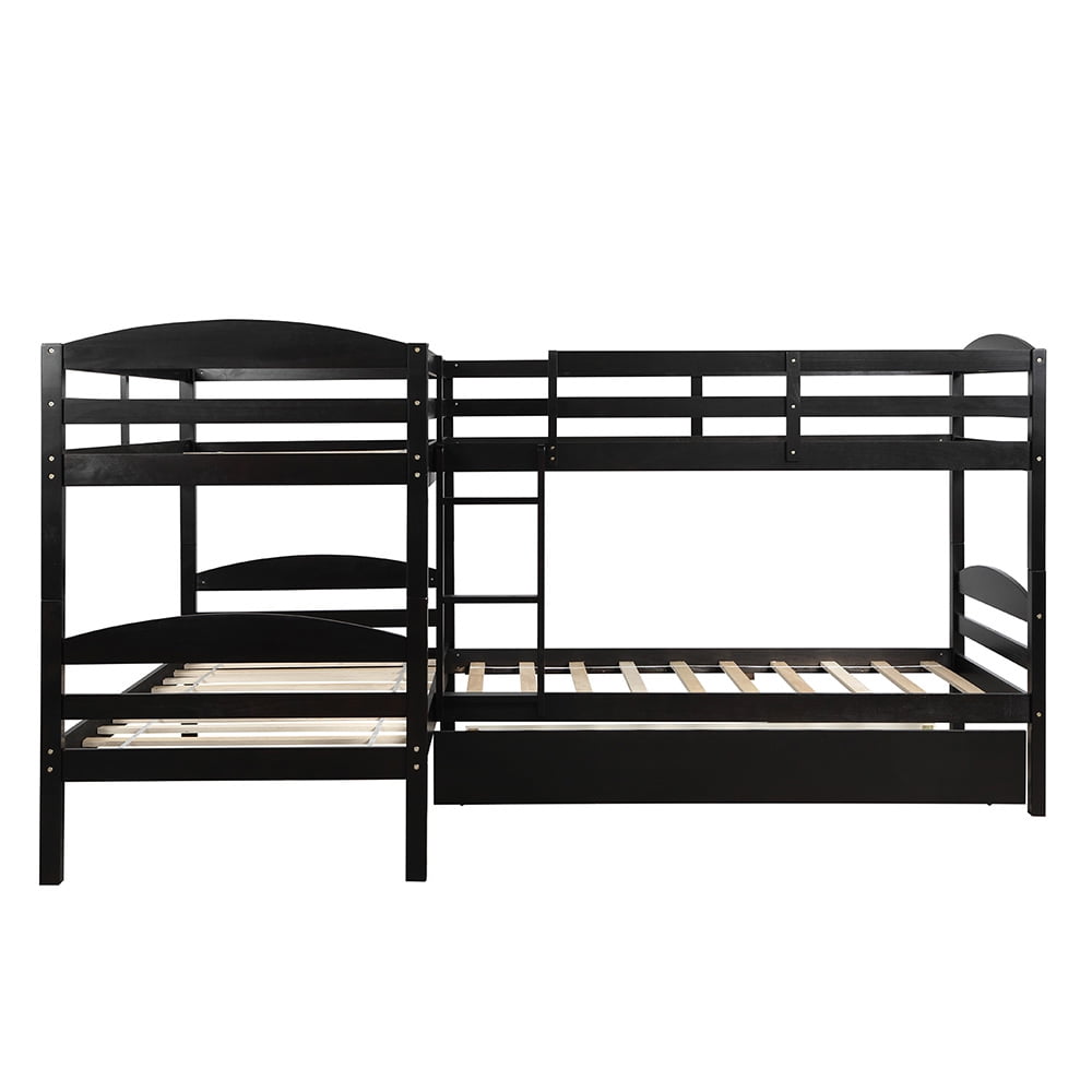 Twin Over Twin Bunk Beds with Trundle, L-Shaped Loft Bed with Guard for Teens Bedroom, Espresso Twin Over Twin Bunk Beds with Trundle, L-Shaped Loft Bed with Guard for Teens Bedroom, Espresso