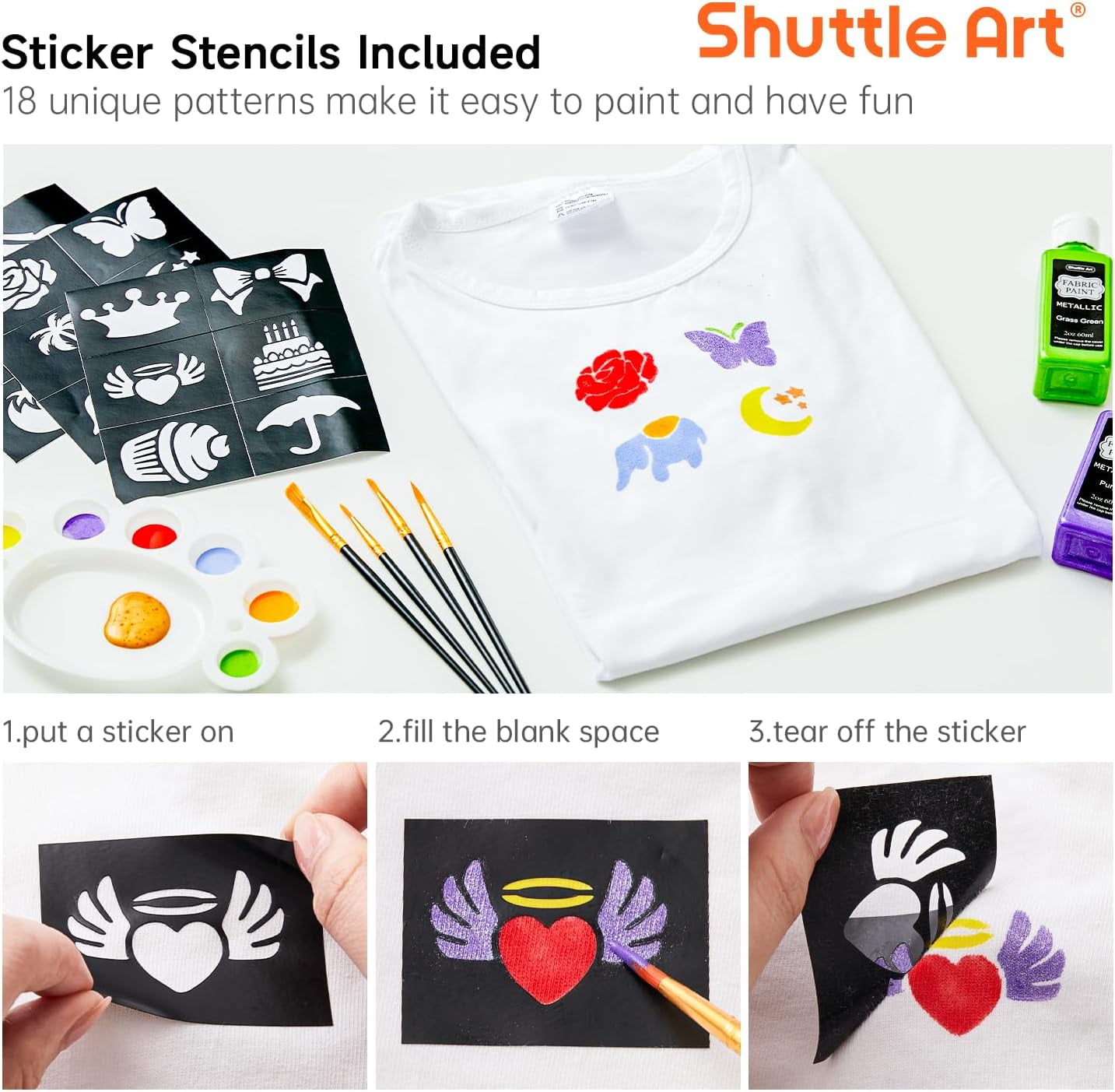 Fabric Paint, Shuttle Art 30 Colors Permanent Soft Fabric Paint in Bottles (60ml/2oz) with Brushes, Palette, Stencils, Non-Toxic Textile Paint for T-shirts, Shoes, Jeans, Bags, DIY Projects