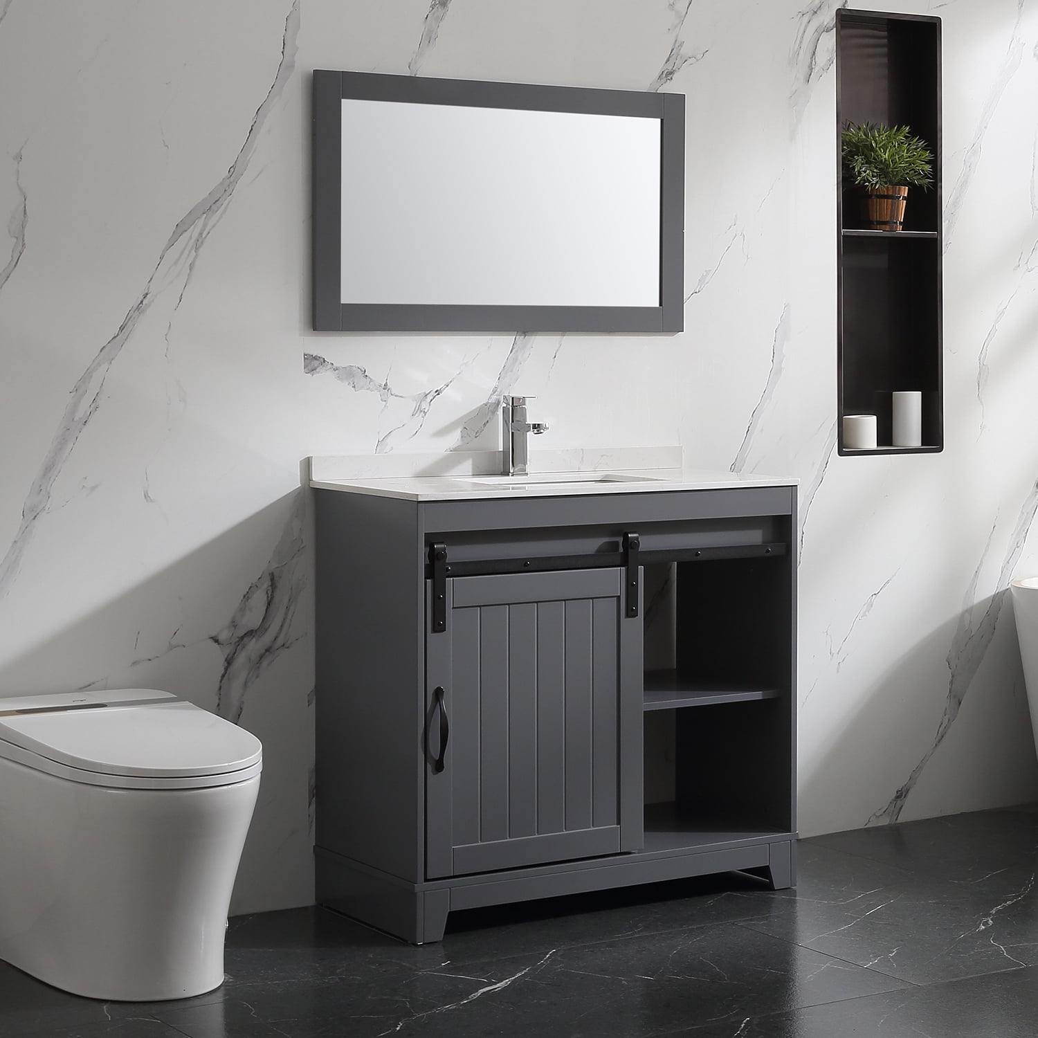 Wonline 36inch Grey Bathroom vanity with Sink Set Bath Vanity with Mirror and Faucet for Modern Style (backsplash include)