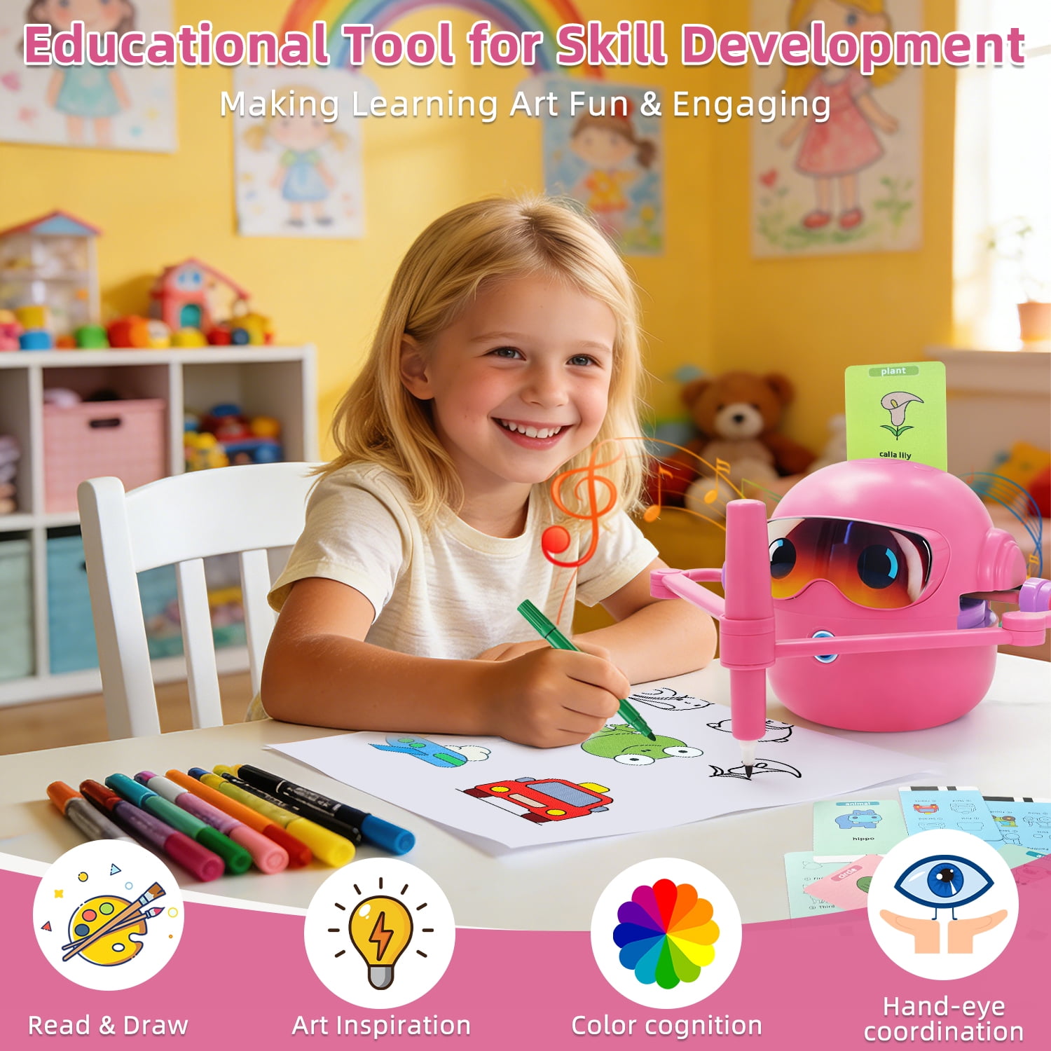 Educational Drawing Robot for Kids Ages 3-8 | Voice Interactive Learning Toys with 100 Word Cards & 12 Color Pens | Montessori Painting Machine for Boys Girls | Birthday Party Gifts (Pink)