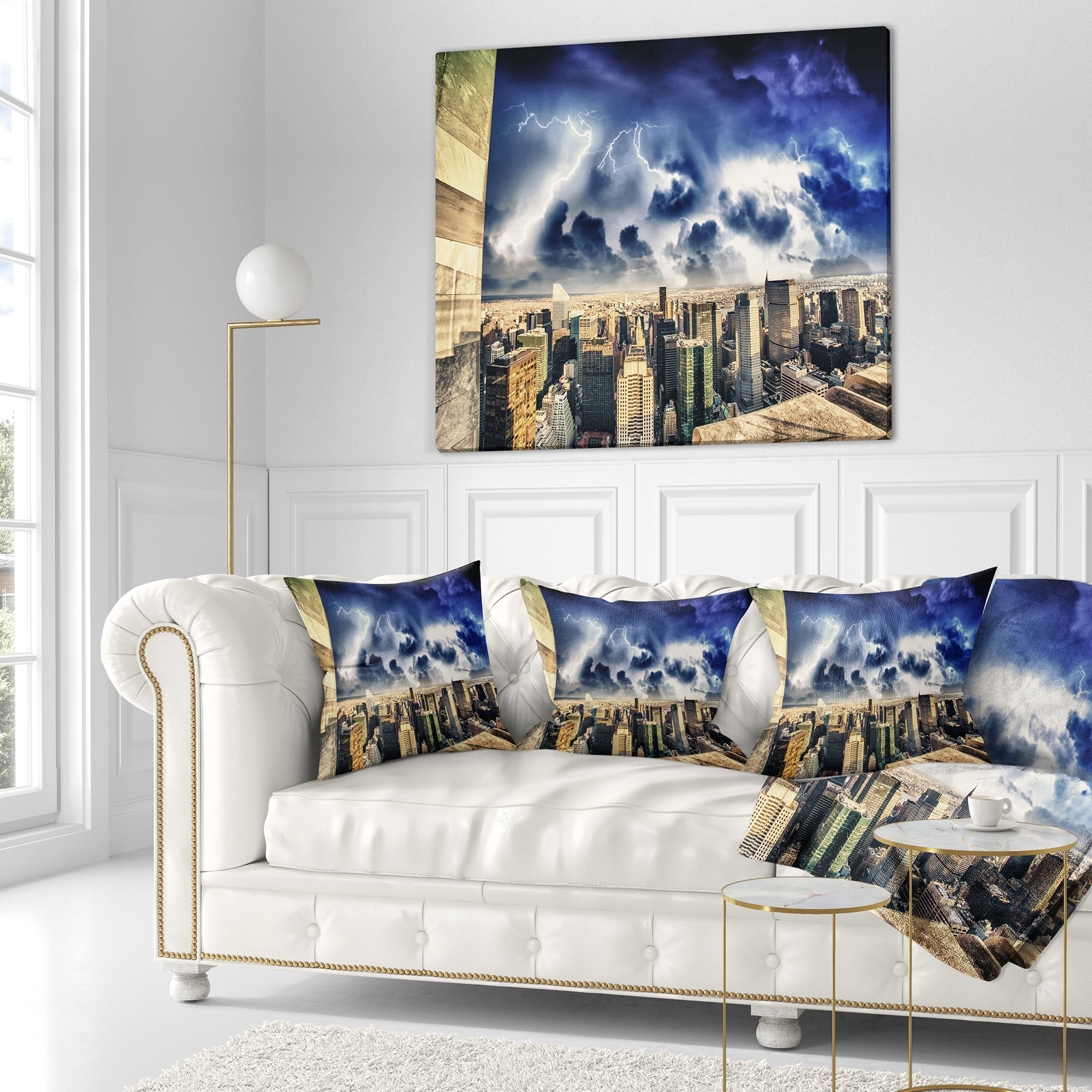 Designart Storm Above Manhattan Skyscrapers - Cityscape Photo Throw Pillow - 18x18