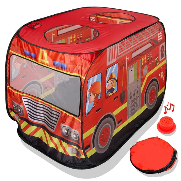 Playbees Musical Fire Truck Pop Up Play Tent with 3 Openings - Role Play Firefighter Tent - Sirens & Fireman Sounds - Indoor Outdoor - Red Fire Engine Playhouse Vehicle Toys - Ideal Play Gift Prop