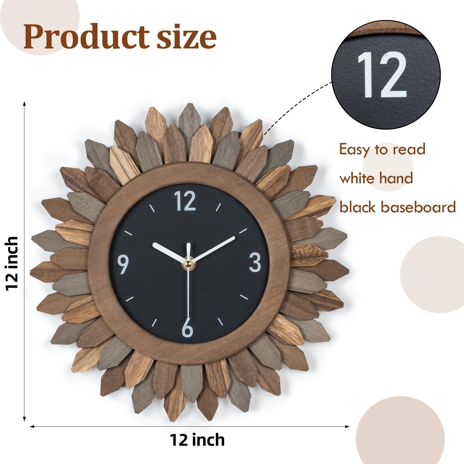 12 In Rustic Wood Boho Sunburst Decorative Wall Clock Silent Non Ticking Farmhouse Small Wall Clocks for Living Room Kitchen Bedroom Decor (Tricolor)