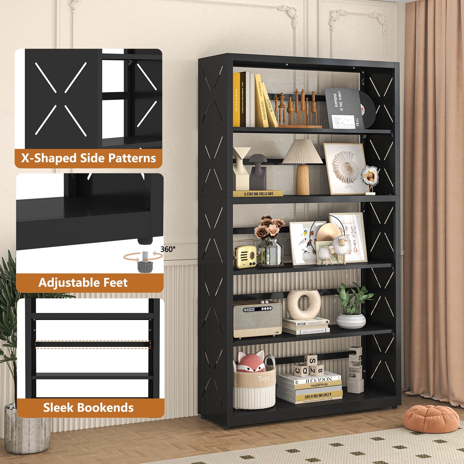 Polup 5-Tier Metal Shelves Bookcase with Bookends Industrial Adjustable Freestanding Black 1-Pack 55 in H x 31 in W