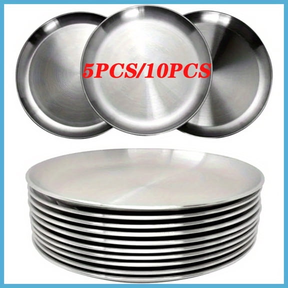 QUTETN 5 or 10 Pack Stainless Steel Plates – BPA-Free, Dishwasher Safe Round Serving Trays for Desserts, Fruits, BBQ & Outdoor Dining – Durable Food-Safe Metal Dinnerware