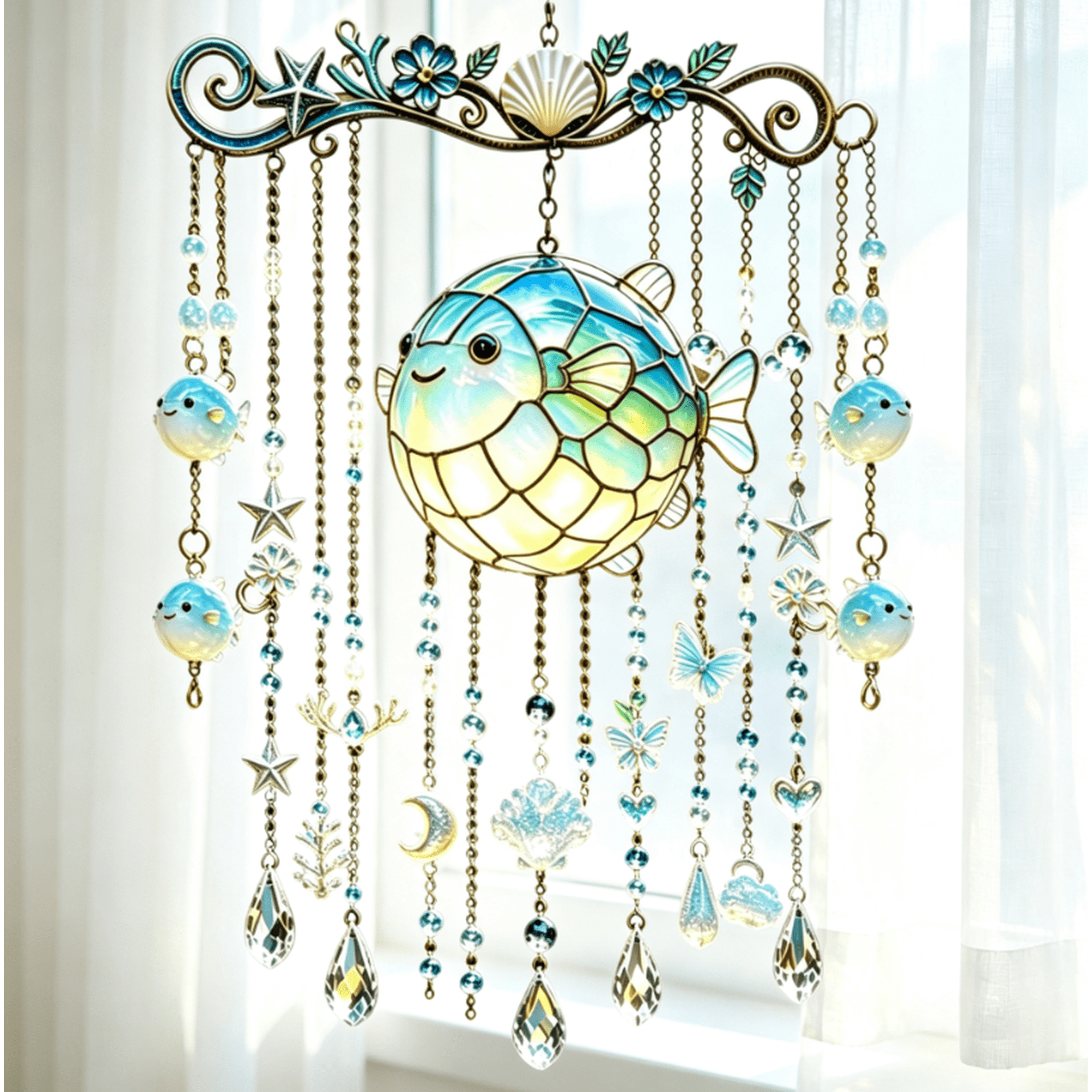 Ocean-Themed Wind Chime Ocean Animal Stained Glass Wind Chime for Outside Acrylic Hanging Wind Chime with Pendants for Home Garden Porch Balcony (Puffer)