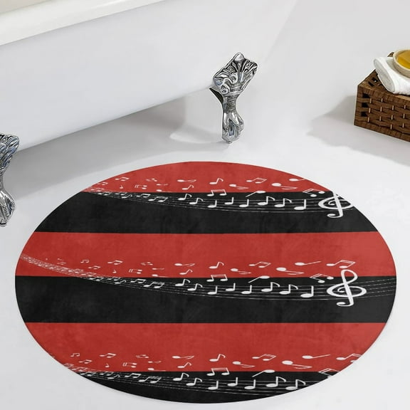 Musical Notes Red And Black Background Round Carpet Circle Rug Outdoor Patio Area Rug Washable Large Area Rugs Hallway Room Decor Fitness Mats