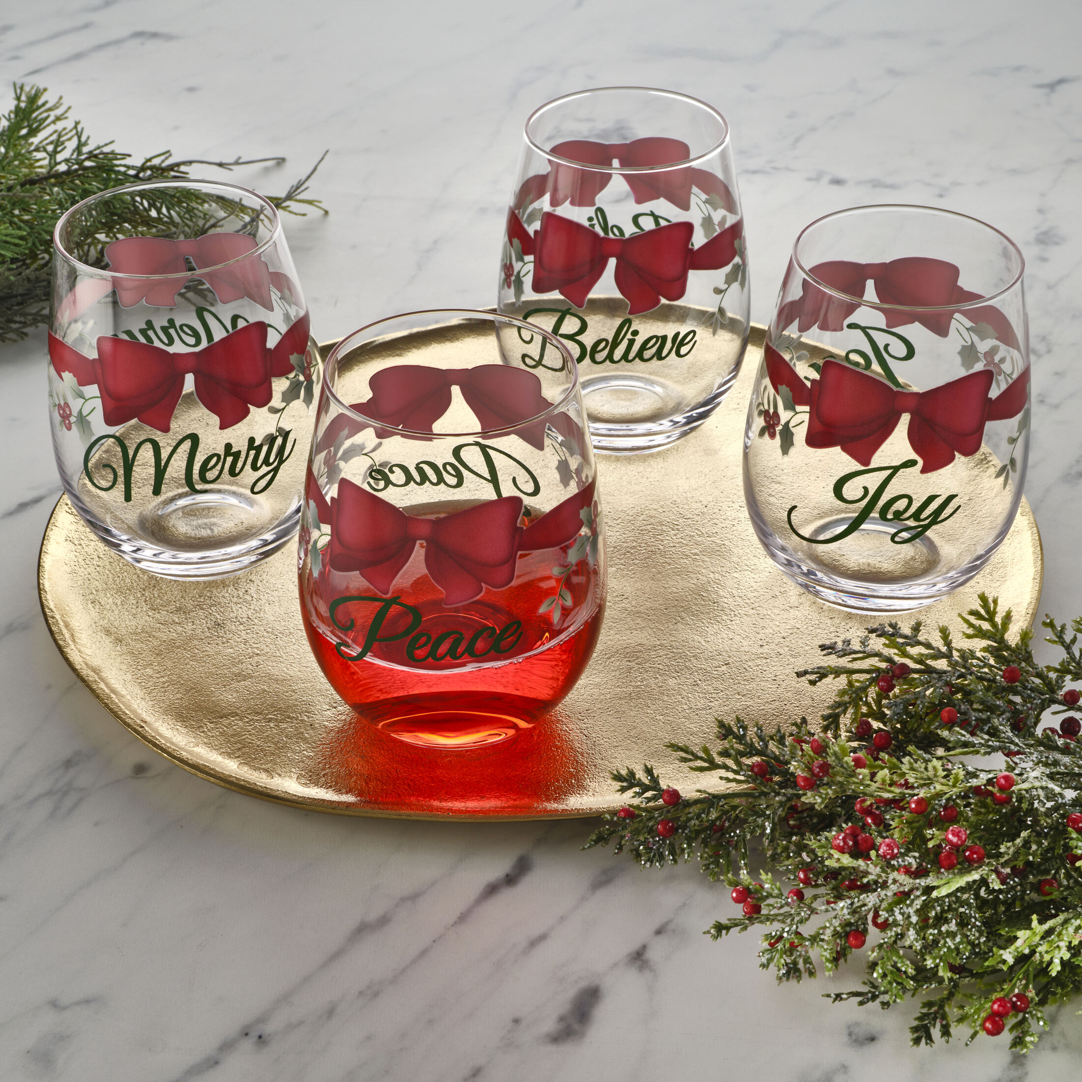 Pfaltzgraff Winterberry 19.3 oz Stemless Wine Red Ribbon Set of 4