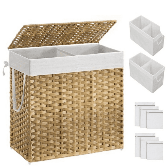 Laundry Hamper with Lid, 130L Clothes Hamper with 2 Removable Liner Bags, 6 Mesh Bags, Wicker Laundry Basket, Double Laundry Hamper for Bathroom, 13 x 26 x 23.6 Inches, Natural