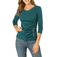 thumbnail image 1 of INSPIRE CHIC Women's Button Decor V Neck 3/4 Sleeve Solid Blouse Knitted Ruched Top, 1 of 6