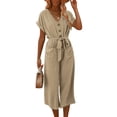 thumbnail image 3 of KOMOO Women Cropped Jumpsuit Button Closure Waist Tie Romper V-neck Pockets Chiffon Jumpsuits, 3 of 5