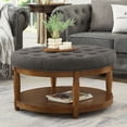 thumbnail image 2 of CQSXDA Large Round Upholstered Tufted Linen Wood Shelf Storage Coffee Table, For Living Room, Charcoal, 2 of 7